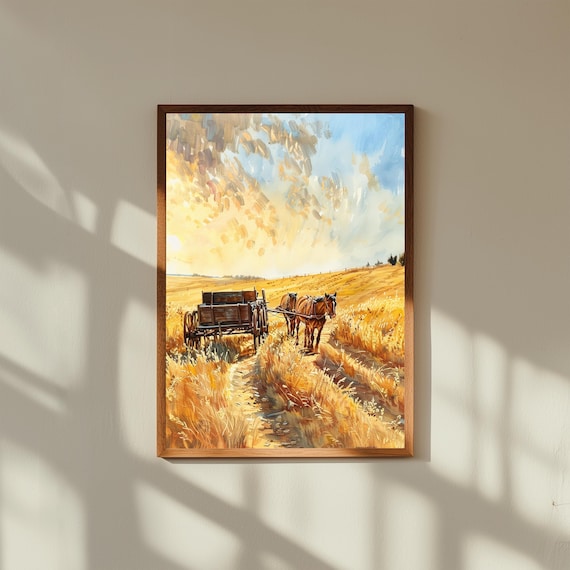 Vintage Horse Wagon Gouache Print – Two Horses Pulling Wooden Wagon – Rustic Dirt Trail Country Painting – Western Wall Art Decor