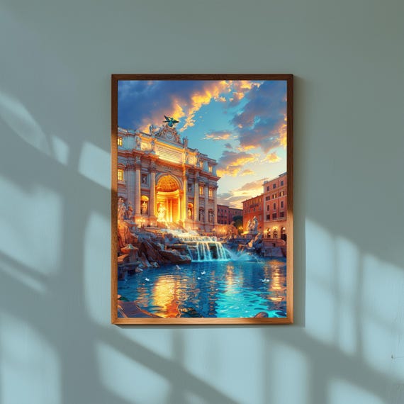 Watercolor Painting of Trevi Fountain Rome | Italian Landmark Wall Art Print | Baroque Architecture Travel Poster