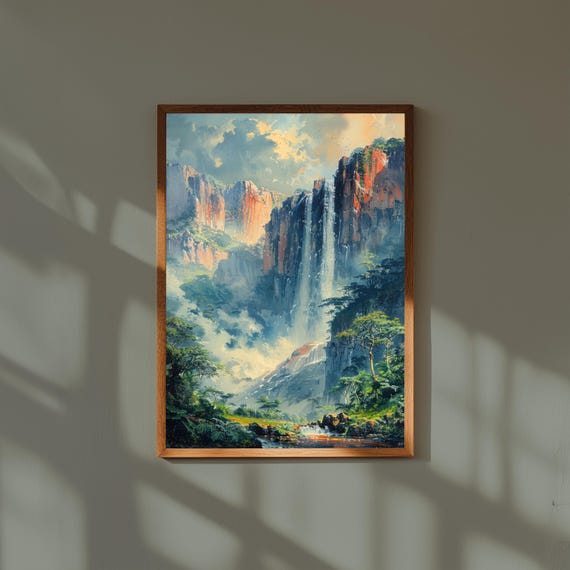 Angel Falls Watercolor Print – Ultra-Realistic Nature Art, Towering Cliff & Jungle Scene, Venezuela Landscape Wall Decor, Travel Poster