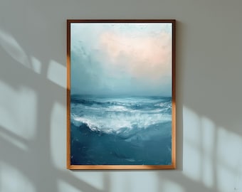 Abstract Coastal Art Print: Modern Seascape Painting, Blue Neutral Tones
