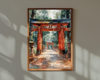 Meiji Shrine Torii Gate Watercolor Painting: Japan Forest Path Art Print