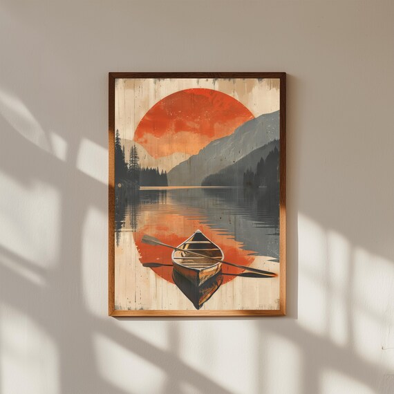 Retro Canoe on Lake Wall Art | Calm Mountain Scene Print | Vintage Outdoor Adventure Poster | Cabin Decor | Nature Lover Gift