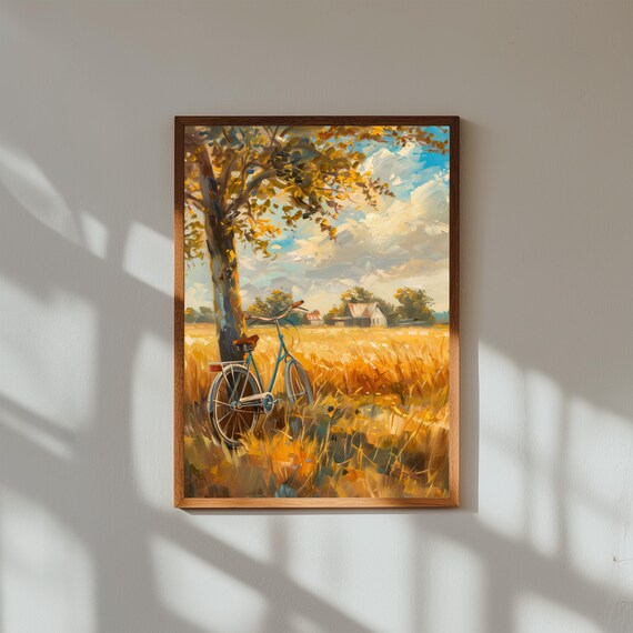 Vintage Bicycle in Wheat Field Print, Rustic Summer Oil Painting Style Wall Art, Countryside Nature Poster, Golden Field Landscape Decor