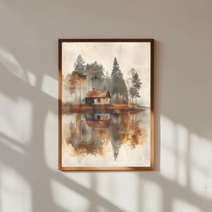 Verträumte Hütte im Wald mit Seespiegelung – Poster aus der ruhigem Natur, friedliche Hütte, ruhiges Wasser, rustikales Dekor