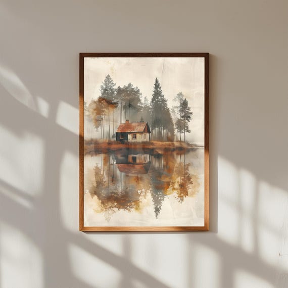 Dreamy Cabin in Forest with Lake Reflection – Serene Nature Poster, Peaceful Cabin Wall Art, Calm Water Landscape Print, Rustic Decor