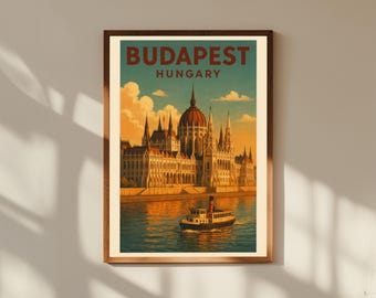 Budapest Vintage Travel Poster, Retro Hungary City Wall Art, Danube River Illustration, European Architecture Print, Travel Decor