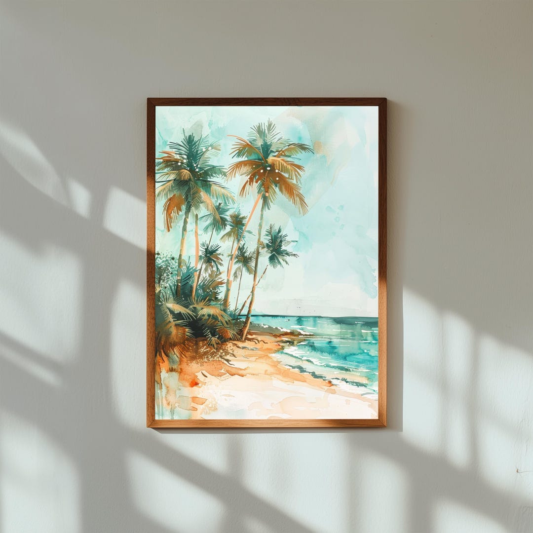 Coastal Palm Tree Print: Ocean Shore Beach Painting, Tropical