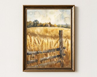 Wheat Field Landscape Print: Rustic Farmhouse Wall Art