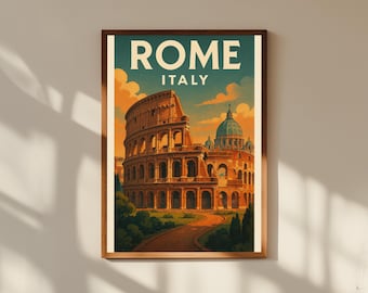 Rome Italy Vintage Travel Poster – Colosseum Wall Art Print – Retro Roman Cityscape Decor for Home or Office