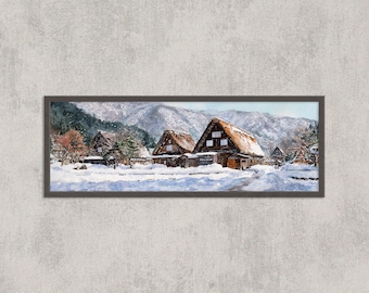 白川郷の旅行ポスター：雪景色の合掌造りの村を描いた絵画プリント