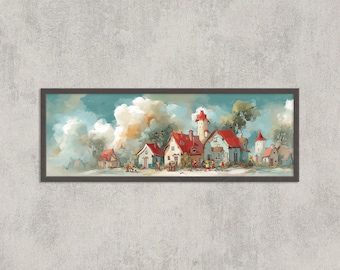 Whimsical Folk Village Print: Red Roof Cottages, Fairytale Home Decor