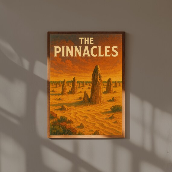 The Pinnacles Vintage Travel Poster, Western Australia Desert Art, Retro Landscape Wall Print, Nambung National Park Illustration