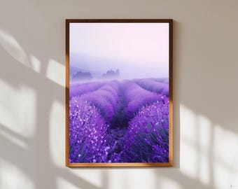 Aquarelprint lavendelveld: Provençaalse landschapsmuurkunst