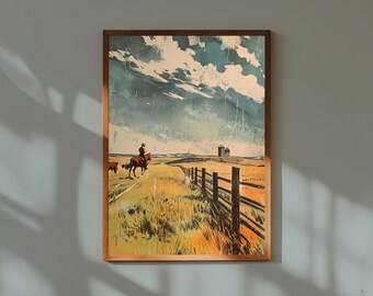 Mid-Century Cowboy Print: Rustic Western Ranch Scene