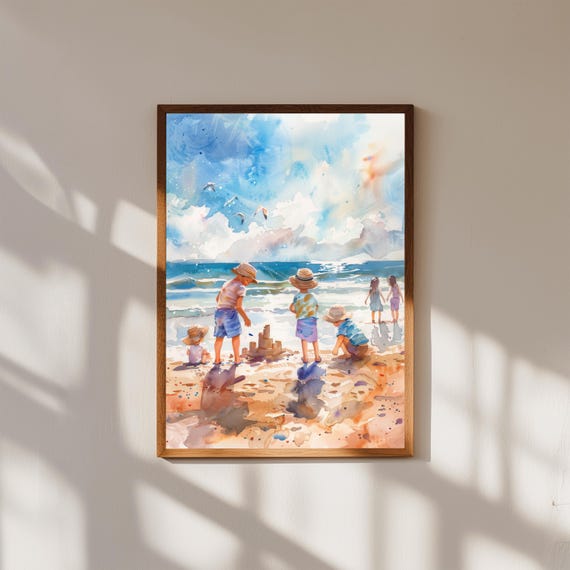 Whimsical Beach Watercolor Print, Children Playing by the Sea Art, Nursery Wall Art, Coastal Kids Room Decor, Summer Ocean Illustration
