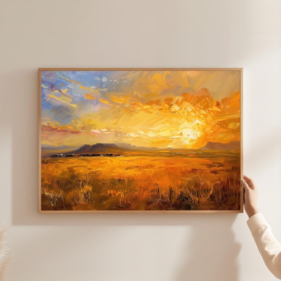 アフリカのサバンナの夕日のキャンバスアート：黄金の地平線の風景画