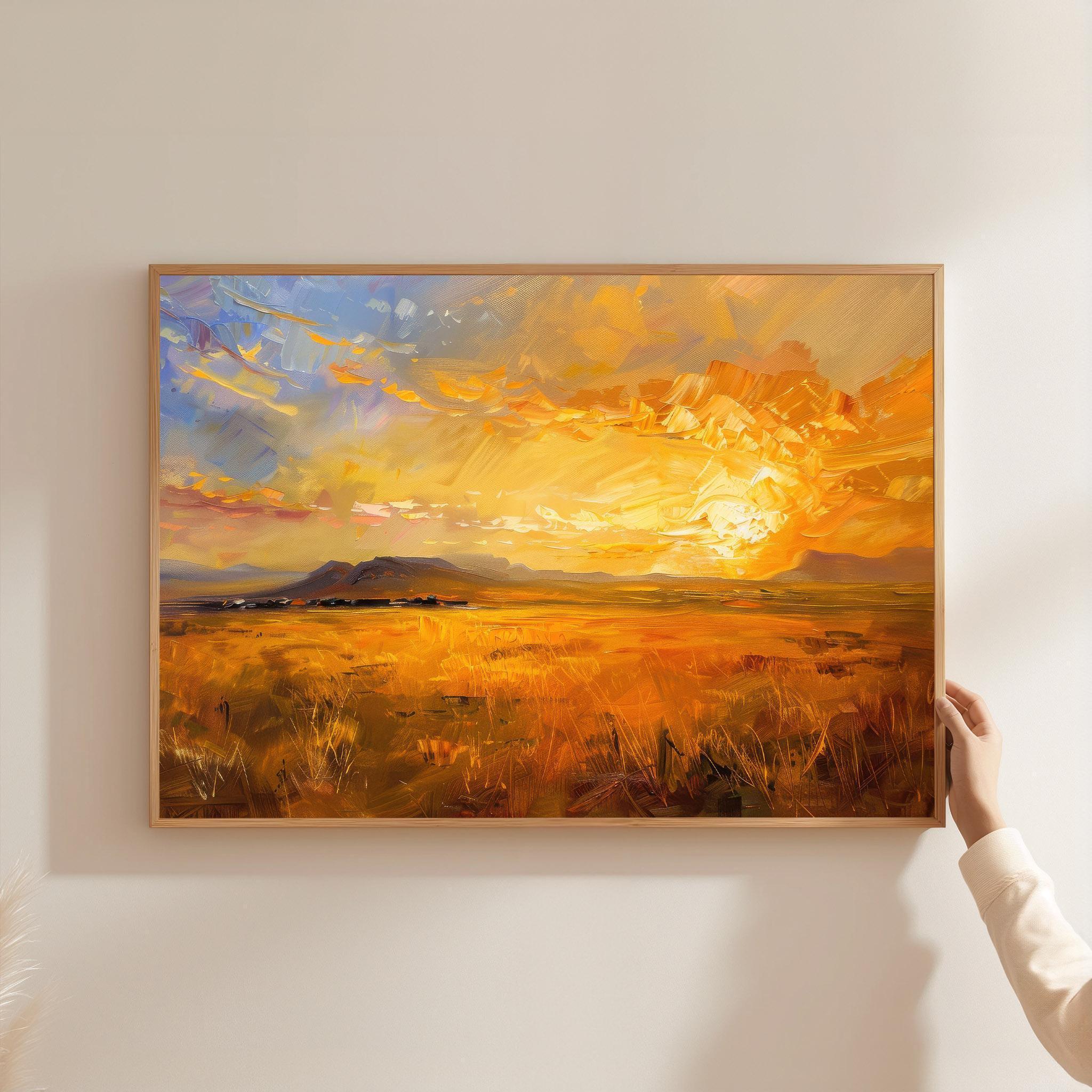 アフリカのサバンナの夕日のキャンバスアート:黄金の地平線の風景画 アフリカのサバンナの夕日のキャンバスアート:黄金の地平線の風景画