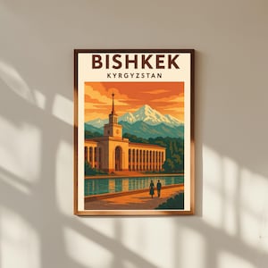 Vintage reisposter Bisjkek Kirgizië: retro muurkunst Centraal-Azië