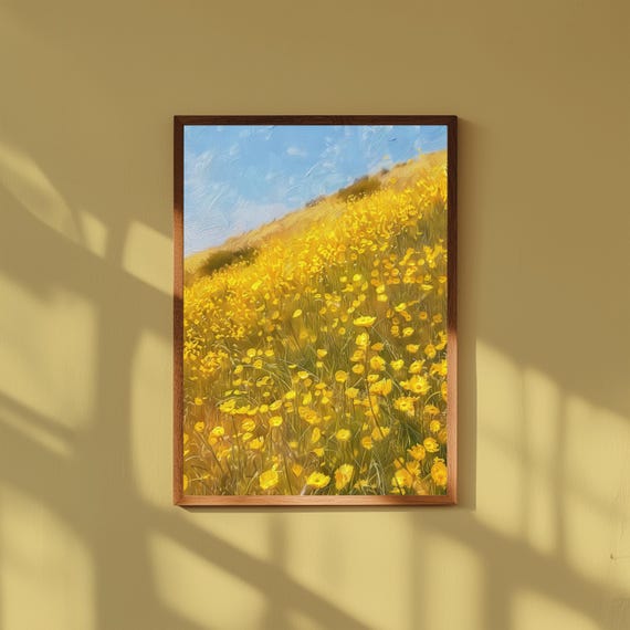 Yellow Wildflowers on Sunlit Hillside Art Print | Spring Meadow Wall Art | Nature Landscape Poster | Bright Floral Country Decor