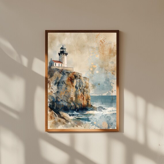 Lighthouse Coastal Wall Art | Distant Cliff Seascape Painting | Nautical Ocean Print | Beach House Decor | Maritime Landscape Art