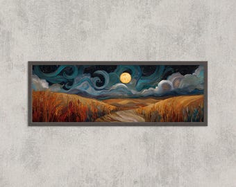 May include: A framed landscape painting depicts a moonlit night over a field. The artwork features a large, yellow moon, swirling blue and white clouds, and a field of golden wheat. The painting is in a dark wooden frame.
