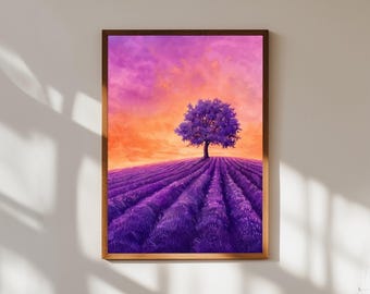 Lavender Field Sunset Watercolor Print: Provence Landscape Wall Art