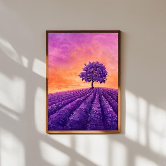 ラベンダー畑の夕焼け水彩画：プロヴァンスの風景画 - Etsy 日本