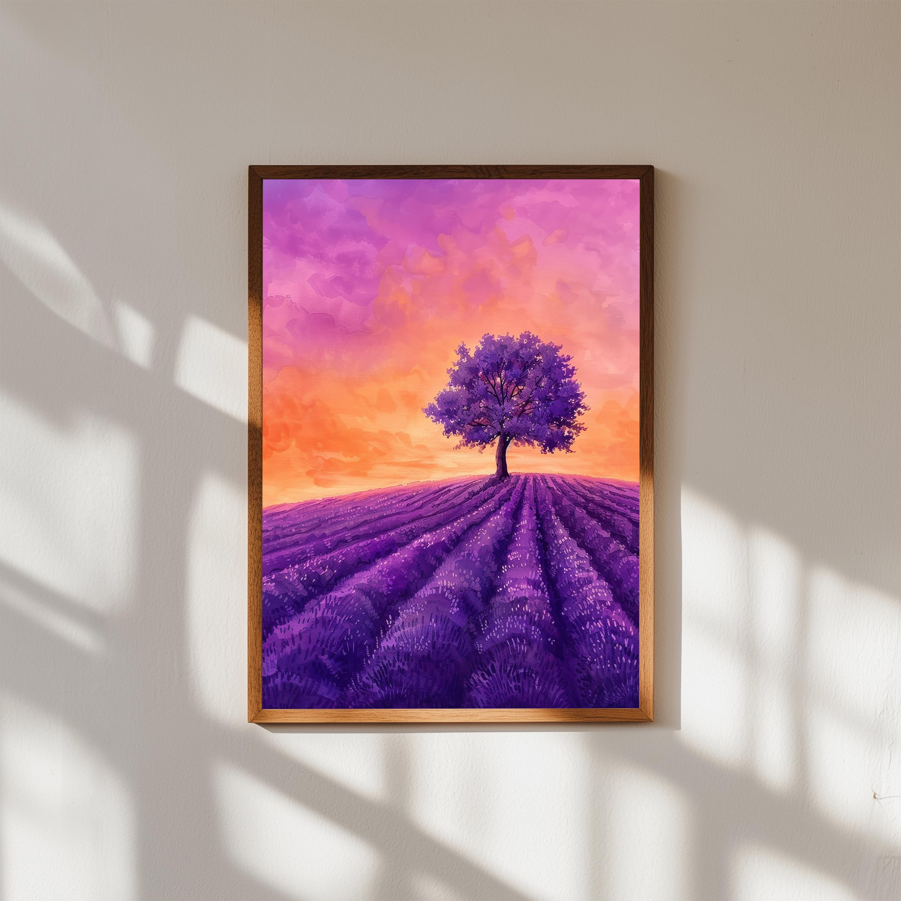 ラベンダー畑の夕焼け水彩画：プロヴァンスの風景画 - Etsy 日本