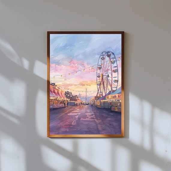 Empty Fairground Sunset Art – Muted Watercolor Ferris Wheel Print, Dreamy Carnival Wall Decor, Nostalgic Landscape Illustration