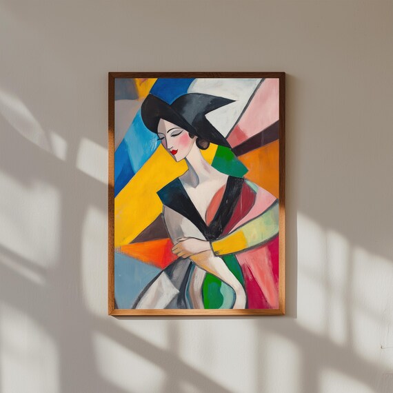 Abstract Woman in Airplane Art – Fashion Model Wall Print – Stylish Travel Poster – Black Hat Dress Illustration – Modern Art Decor