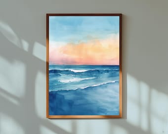 Pastel Seaside Horizon Wall Art | Calm Ocean Beach Painting | Soft Sky Coastal Print | Minimal Seascape Decor | Tranquil Wall Art