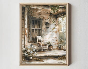 Farmhouse Porch Painting: Rocking Chair & Flowers, Rustic Home Decor