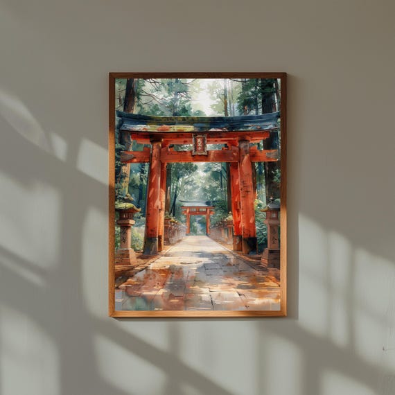 Watercolor Painting of Meiji Shrine Torii Gate | Japan Forest Path Wall Art Print | Tokyo Spiritual Landmark Poster