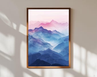 Minimalistyczny wydruk z motywem wschodu słońca w górach: nowoczesna sztuka ścienna boho z motywem natury