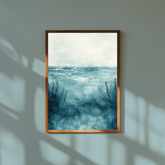 Underwater Ocean Scene Coastal Wall Art – Seaweed and Ripples Painting, Serene Blue Sea Print, Coastal Bathroom or Beach House Decor