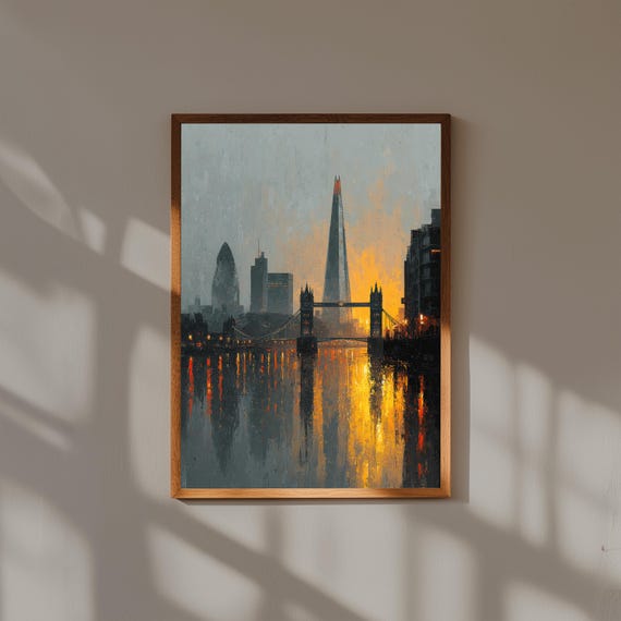 London Skyline Sunset Art – Abstract Tower Bridge Painting – Modern City Wall Decor