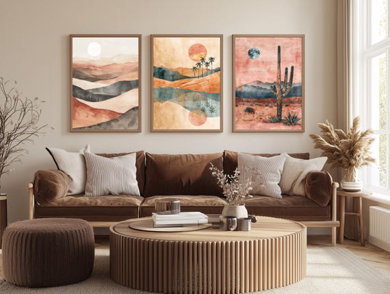 Desert Cactus Wall Art Set of 3 – Boho Sunset Landscape Prints – Earth Tone Living Room Decor