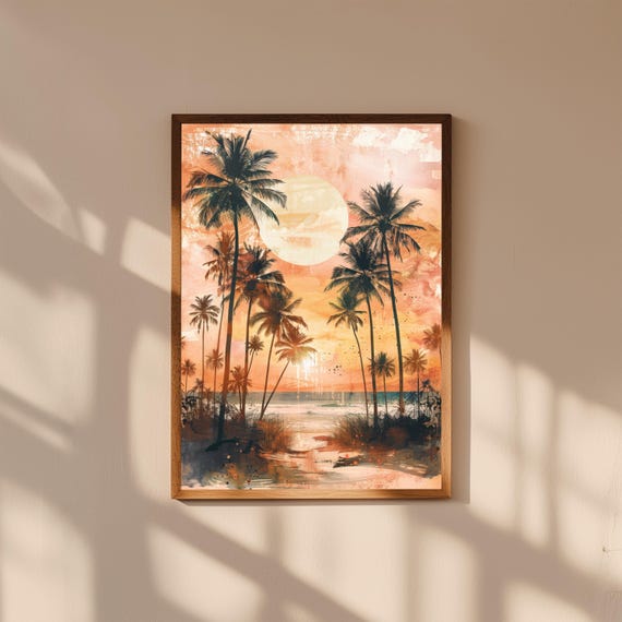 Palm Tree Sunset Wall Art | Coastal Beach Painting | Tropical Silhouette Print | Sunset Ocean Decor | Boho Beach House Artwork