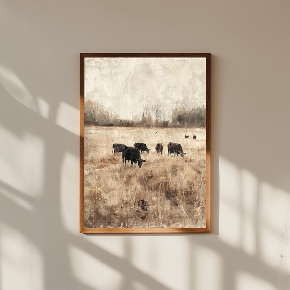 Country Farmhouse Painting – Cows & Sheep Grazing in Field – Rustic Pastoral Wall Art for Home or Cabin Decor