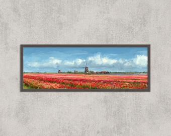 Tulip Fields Netherlands Wall Art | Panoramic Windmill Landscape Print | Colorful Dutch Spring Decor