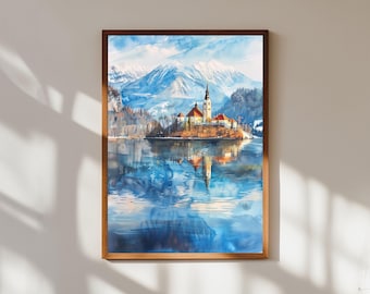 Lake Bled Slovenia Watercolor Print: Alpine Church, Snowy Mountains
