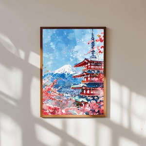 Mount Fuji & Pagoda Watercolor Print | Japan Cherry Blossom Wall Art | Chureito Temple Poster | Asian Spring Home Decor