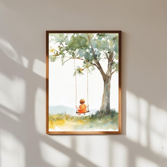 Watercolor Art Print of Child on Swing Under Tree – Whimsical Nursery Wall Decor, Kids Room Illustration, Peaceful Nature Scene