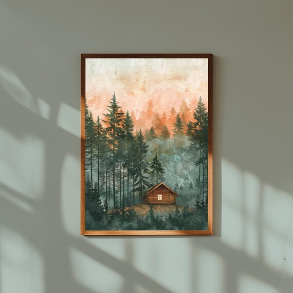 Cozy Cabin in Forest at Sunset – Rustic Nature Poster, Warm Golden Hour Cabin Wall Art, Woodland Landscape Print for Home or Cabin Decor