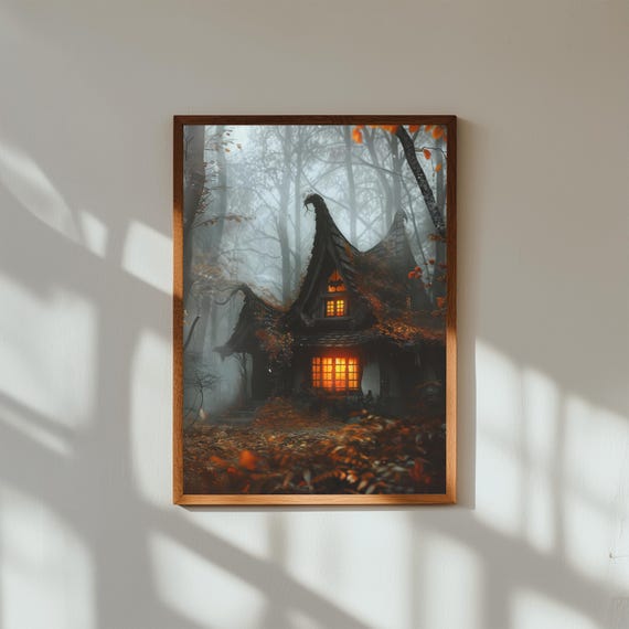 Cozy Witch Cottage in Foggy Autumn Forest – Dark Fairytale Fine Art Print – Crooked Cabin Wall Art for Halloween or Year-Round Decor