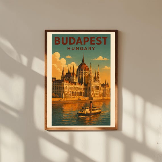 Budapest Vintage Travel Poster, Retro Hungary City Wall Art, Danube River Illustration, European Architecture Print, Travel Decor