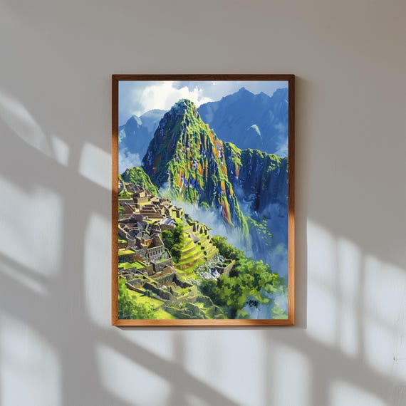 Watercolor Painting of Machu Picchu Peru | Ancient Inca City Wall Art Print | Mountain Landscape Travel Poster