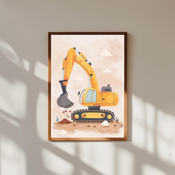 Cute Yellow Excavator Nursery Wall Art | Construction Vehicle Kids Print | Playful Truck Poster | Toddler Room Decor | Baby Boy Gift