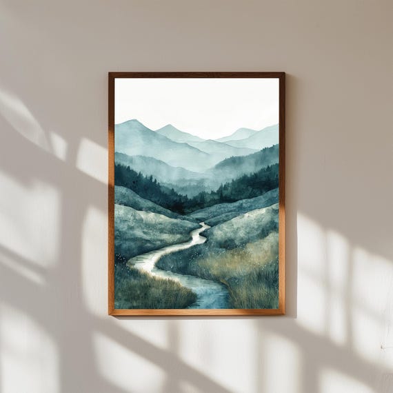 Highlands River Landscape Wall Art | Calm Nature Painting of Winding River Through Hills | Serene Mountain Scenery Canvas | Rustic Decor