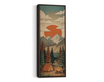 Impresión retro de atardecer en camping: arte mural de aventura para decorar cabañas